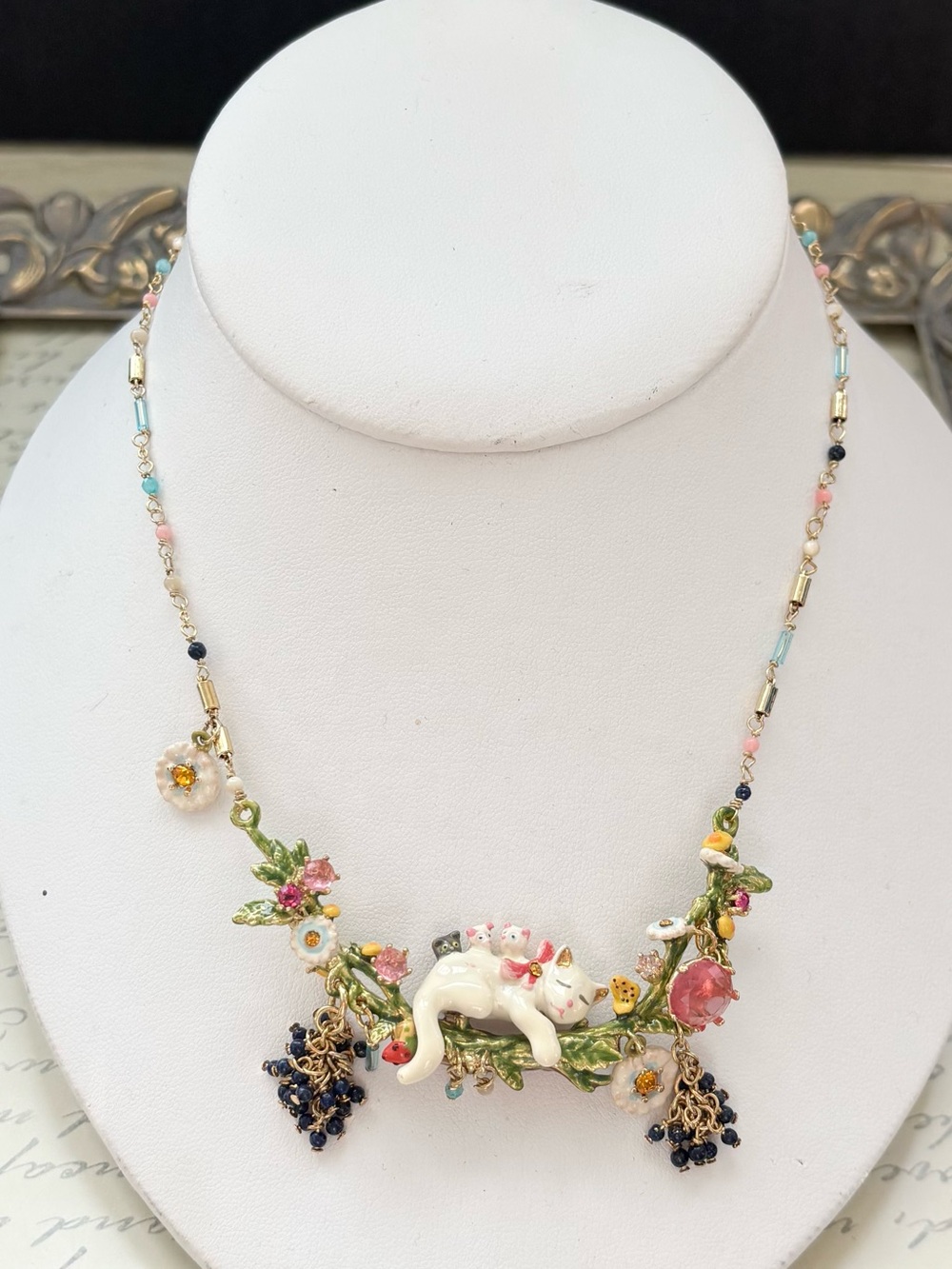 RARE Les Néréides Paris Mother Cat & Kittens Enamel Statement Necklace